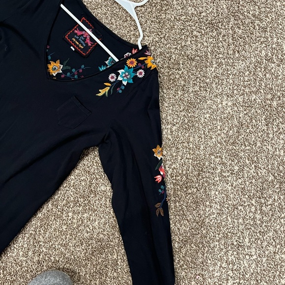 Johnny Was Embroidered Black Cotton Knit V-Neck Long Sleeve Tunic Dress - Size L - Picture 4 of 6